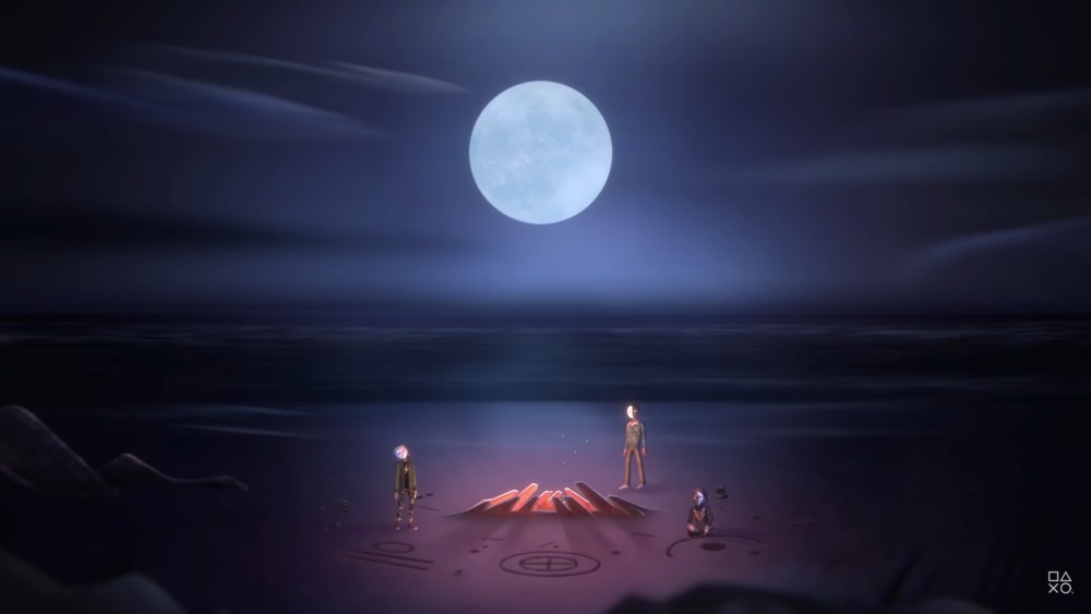 moon and three characters on a beach