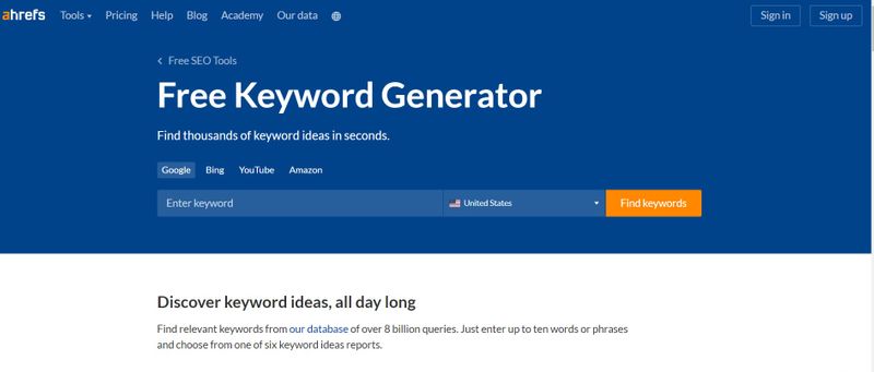 screenshot of ahrefs keyword generator