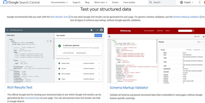 screenshot of structured data testing tool page