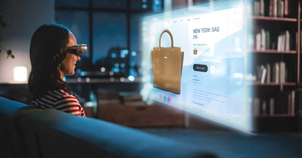 woman using a vr headset looking at a bag