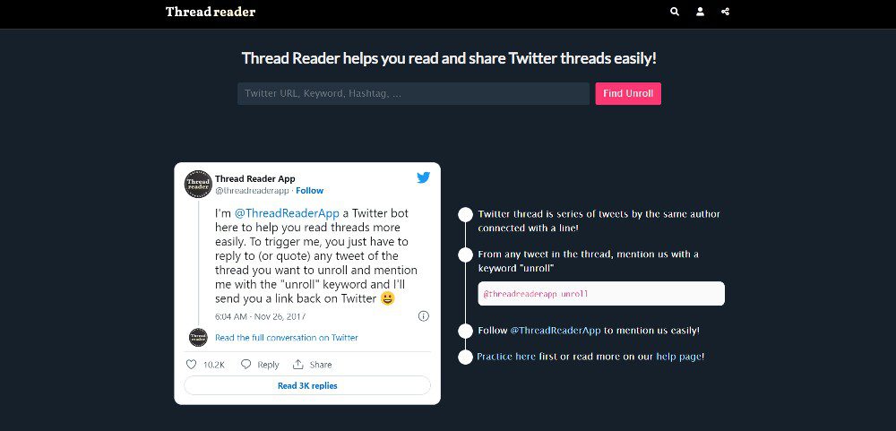 screenshot of threadreader website