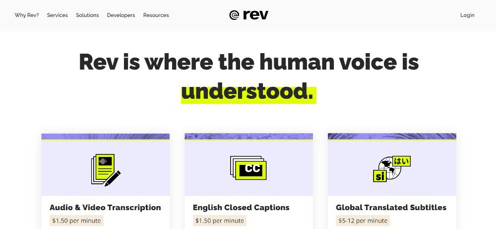 screenshot of rev website