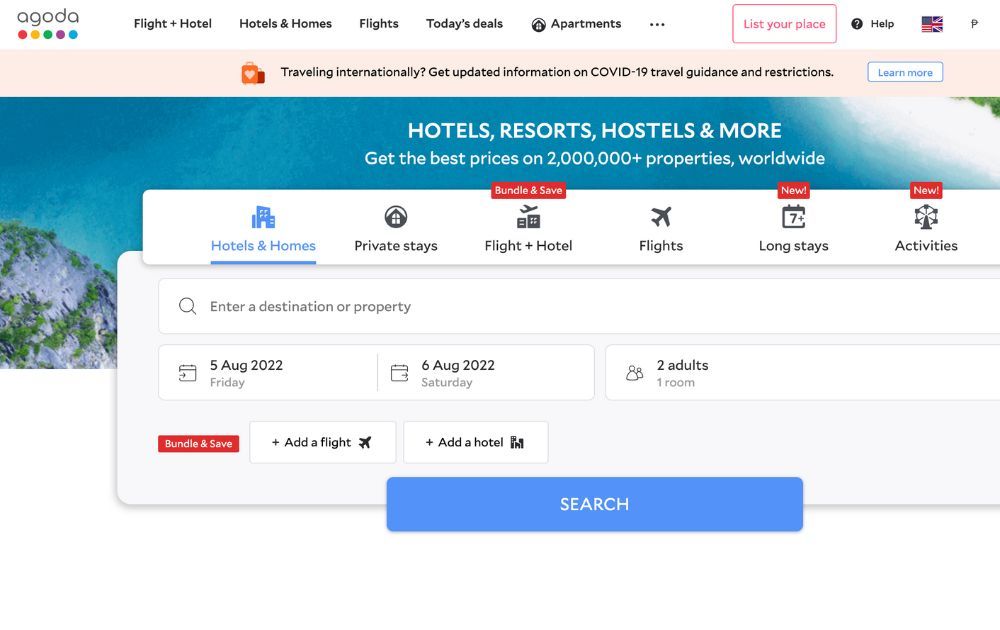 screenshot of agoda website