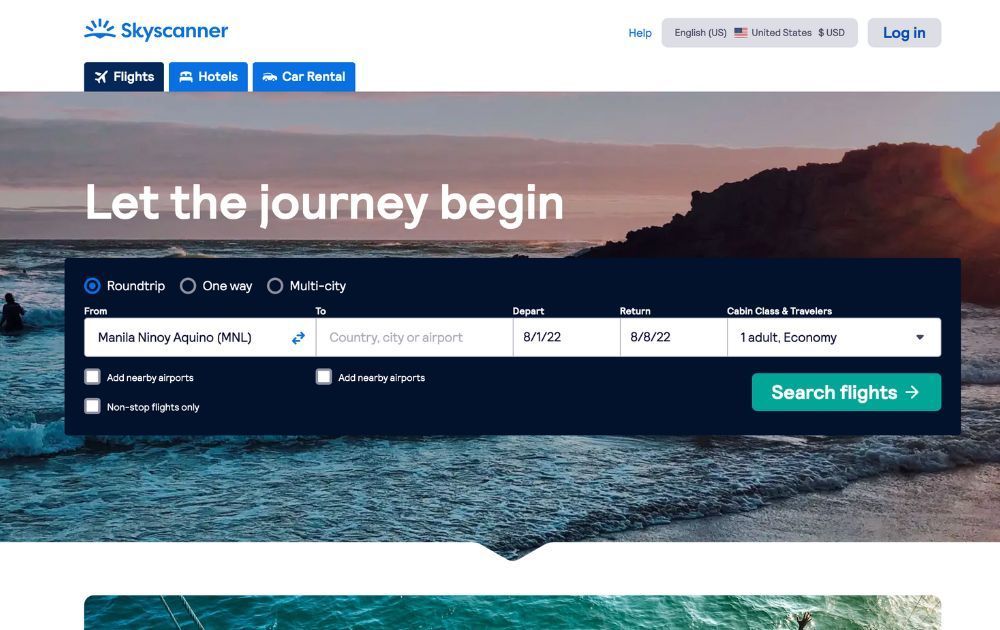 screenshot of skyscanner website