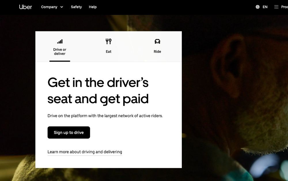 screenshot of uber website