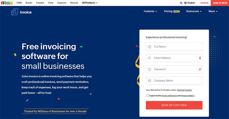 Zoho Invoice website