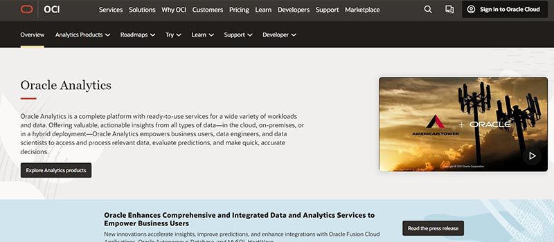 Oracle BI homepage screenshot
