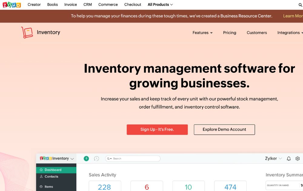 Zoho Inventory website screenshot