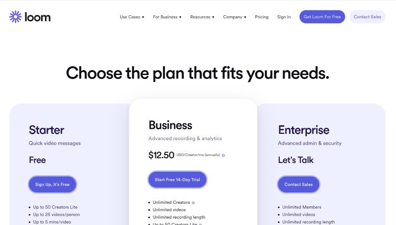Loom pricing page with options