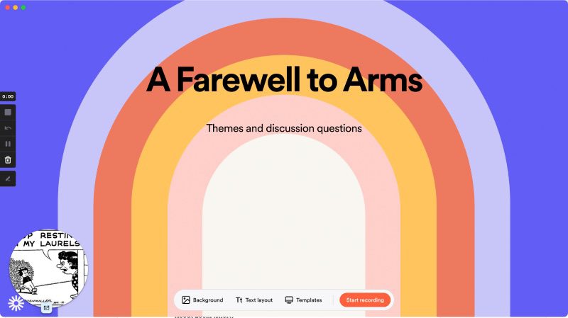 Loom recording canvas screenshot with copy "A Farewell to Arms: themes and discussion questions"