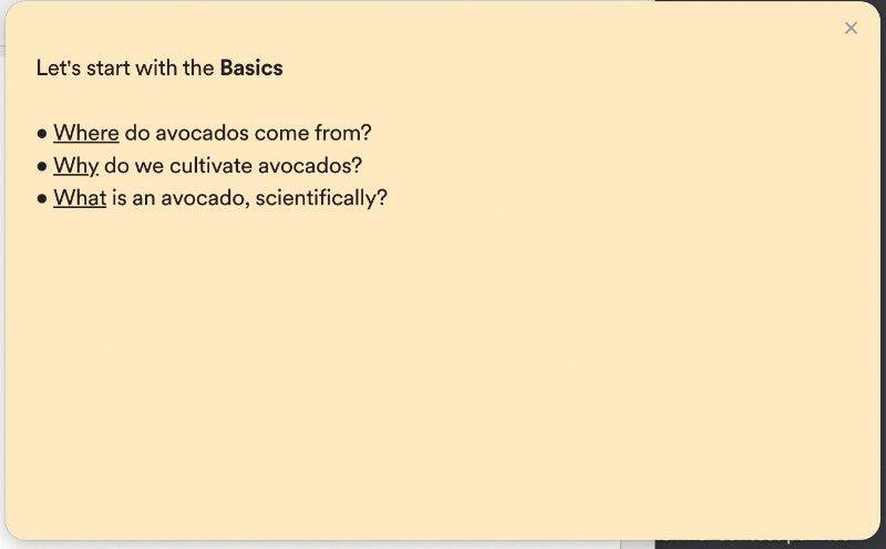 Loom speaker notes with discussion questions about avocados