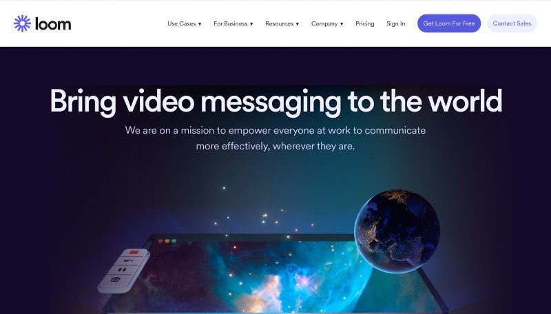 Loom website screenshot with copy "Bring video messaging to the world"