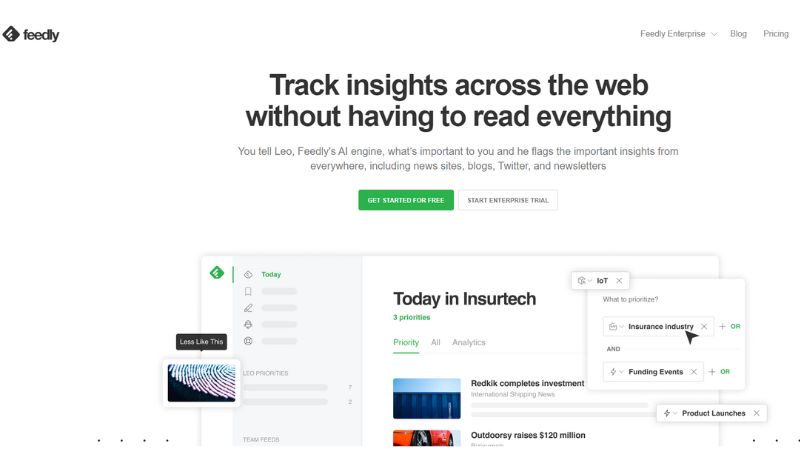 Feedly content aggregator homepage
