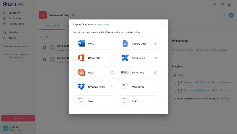 Document importing options menu including Word, Google Docs, Office 365, Confluence, Quip, Zoho Docs, Dropbox Paper, Markdown, Text, and PDF