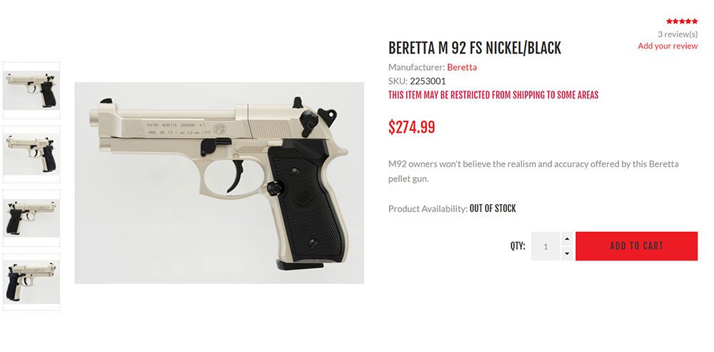 Beretta 92FS Pellet Pistol, Nickel