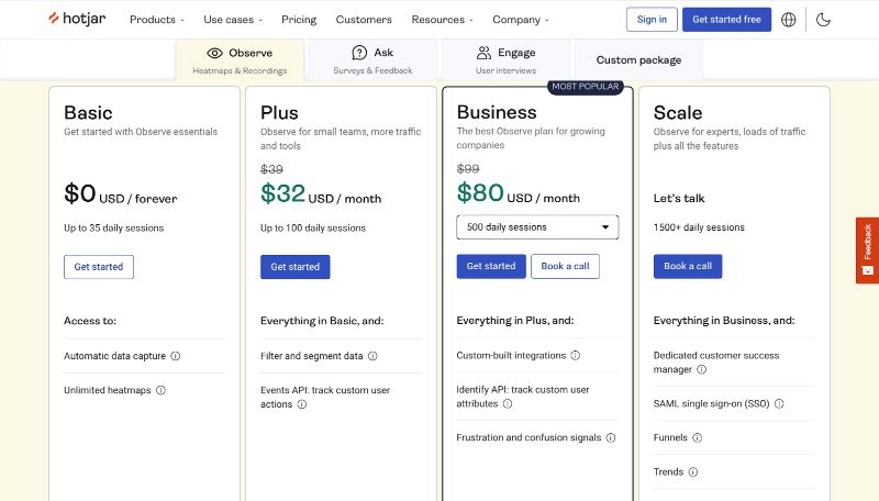 Screenshot of pricing page with 4 plan options