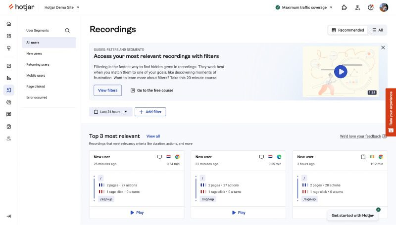 Hotjar review recordings tab