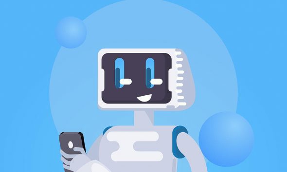 a robot holding a smartphone
