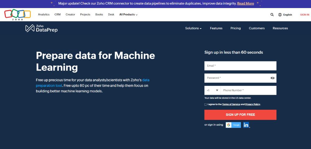 zoho data prep landing page