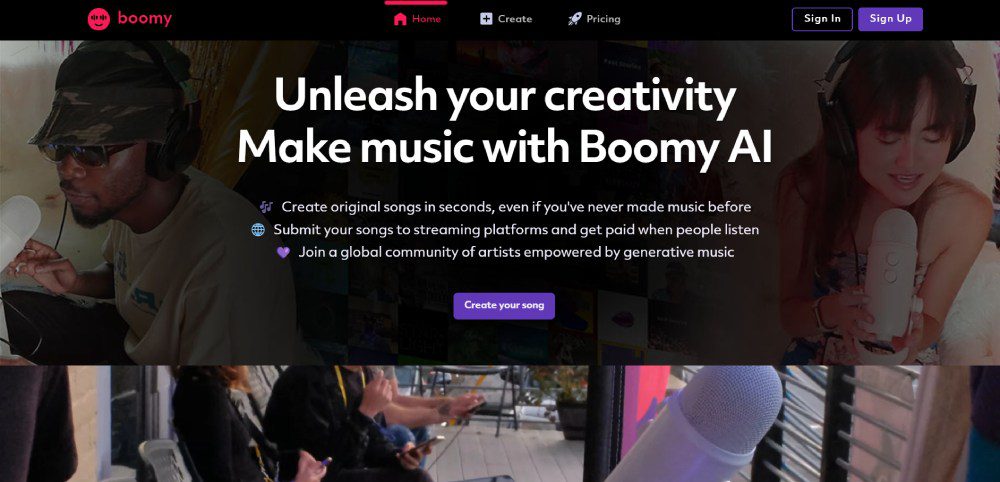 boomy home page screenshot