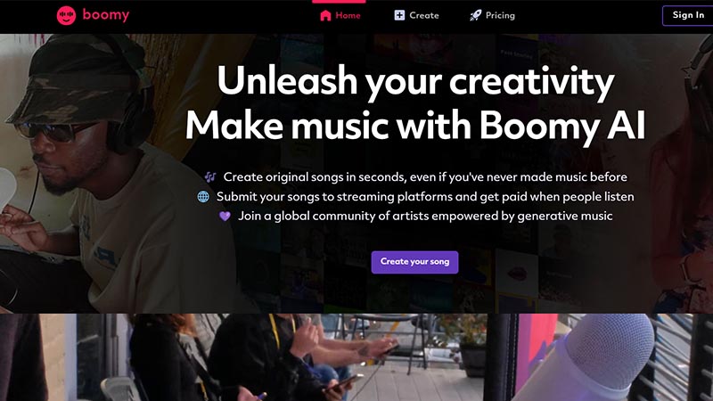 boomy home page screenshot