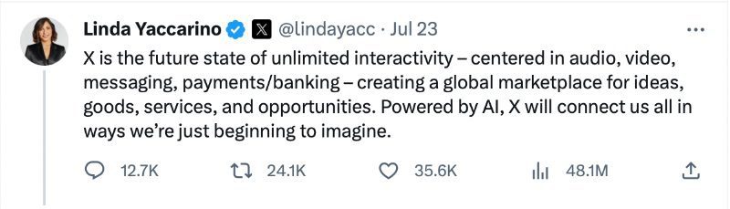 Linda Yaccarino tweet about Twitter rebrand