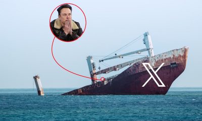 X advertising represented by a sinking ship with Elon Musk onboard looking pensive