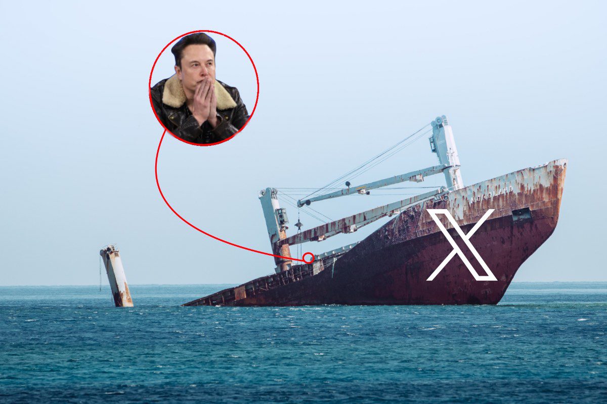 X advertising represented by a sinking ship with Elon Musk onboard looking pensive