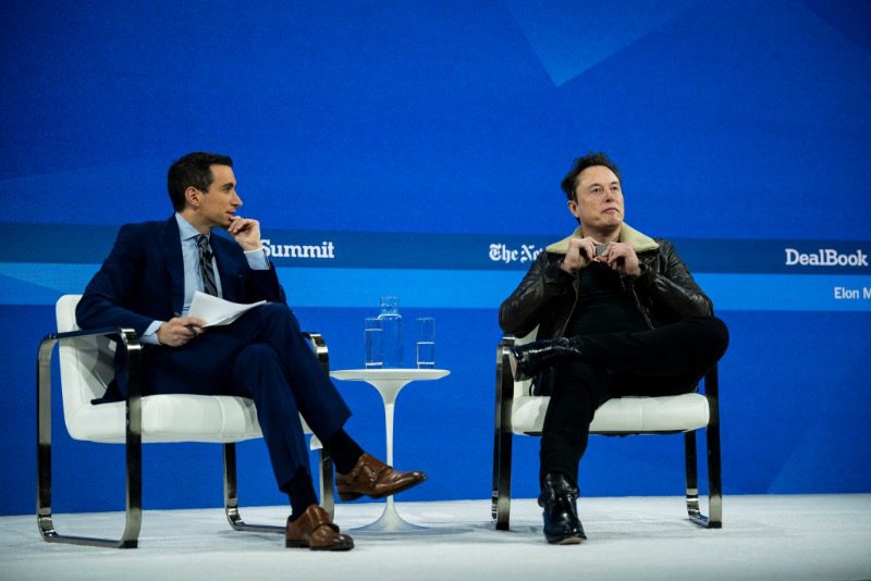 Elon Musk and Andrew Ross Sorkin at the 2023 NYT DealBook Summit